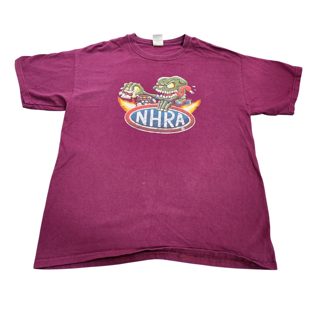 NHRA MENS L MAROON DRAG RACING MONSTER GRAPHIC GILDAN T-SHIRT EUC